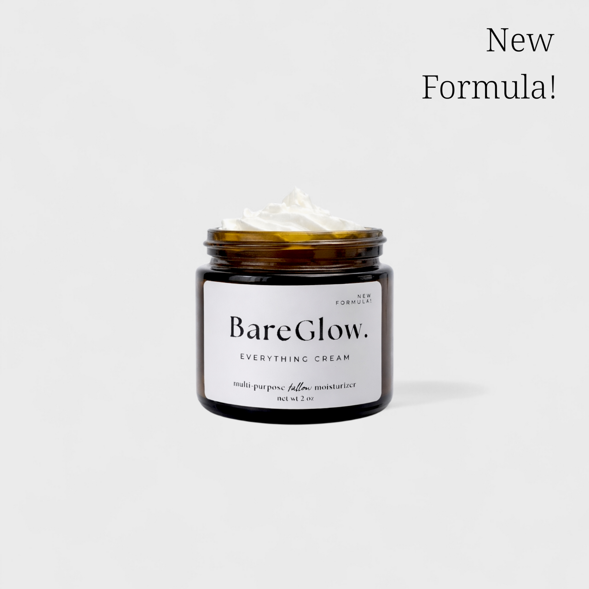 BareGlow everything cream jar with 'New Formula!' text on a white background